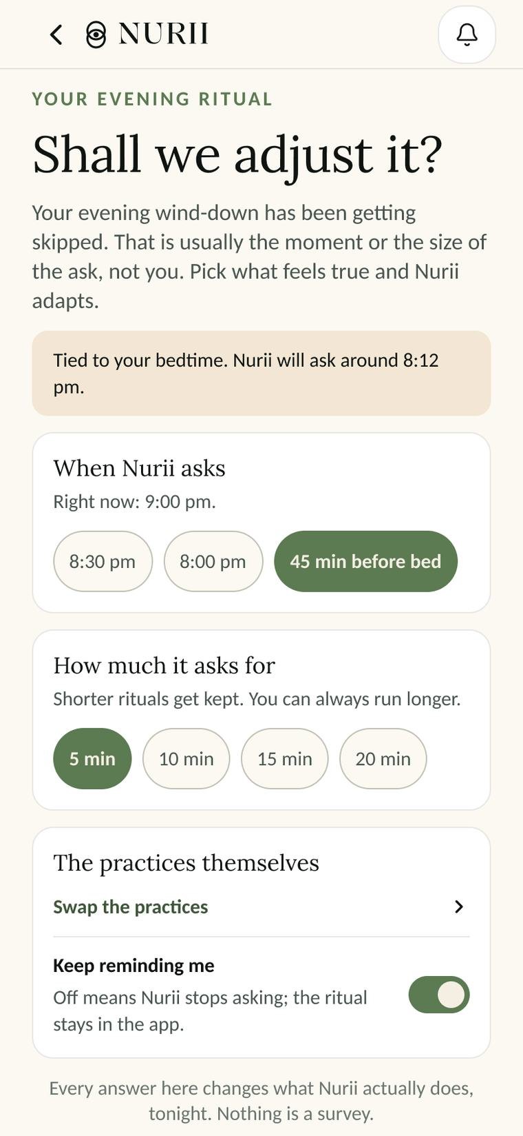 Nurii app - Skipped rituals change the ask, not you