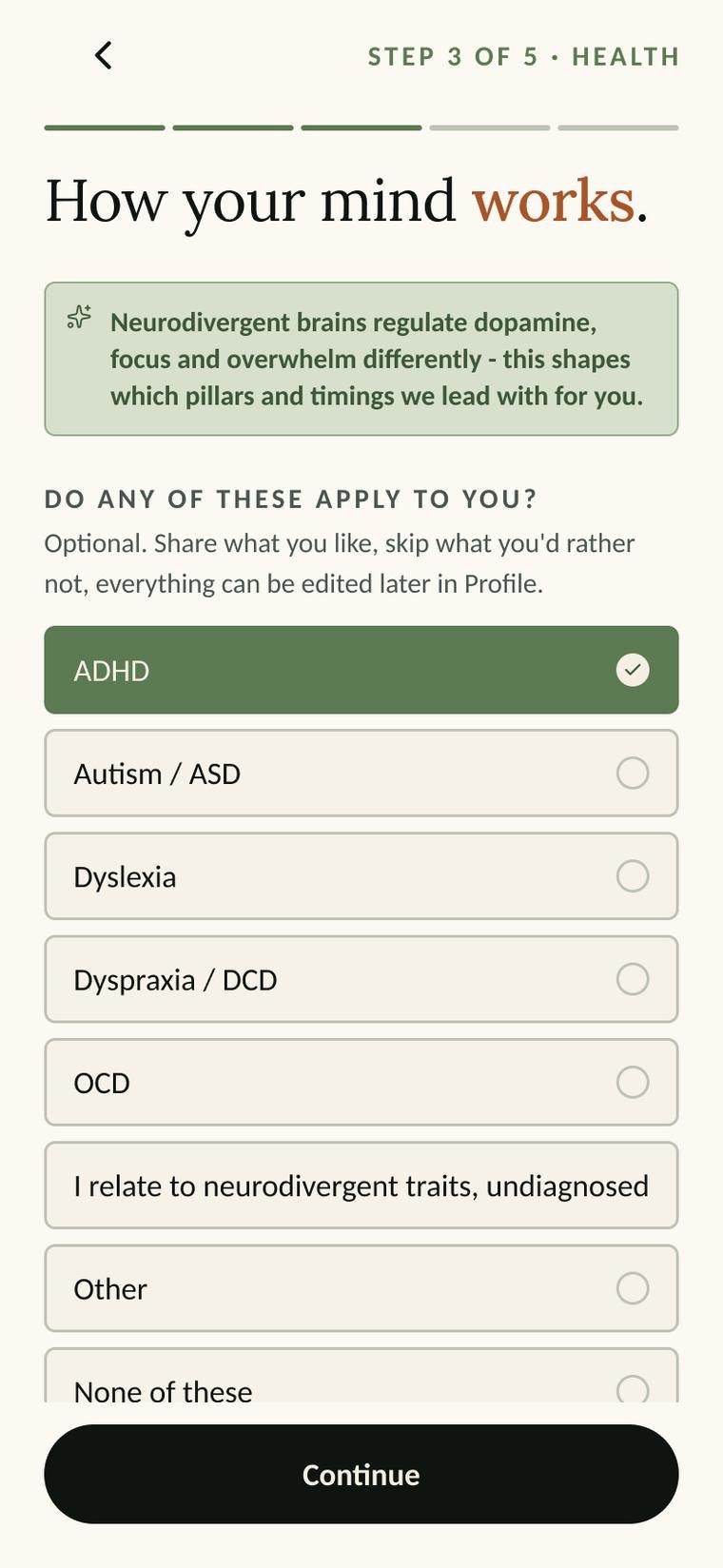 Nurii app - Onboarding that asks how your mind works