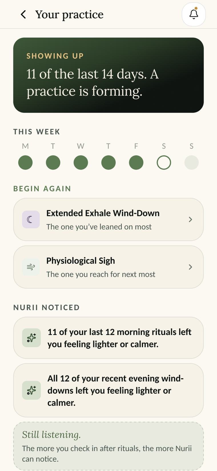 Nurii app - Progress shown without streaks