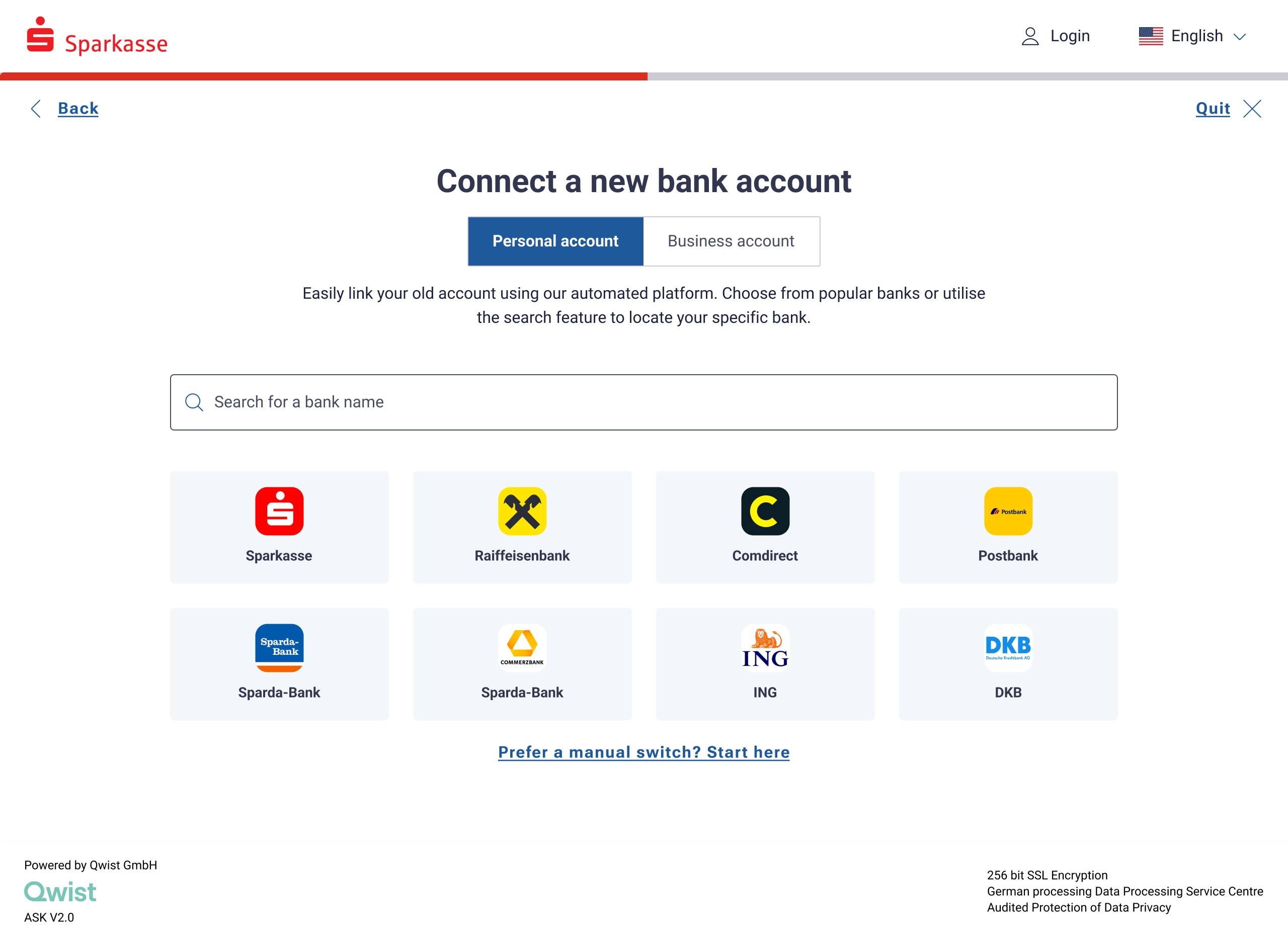 Connect a new bank account - bank-switching page